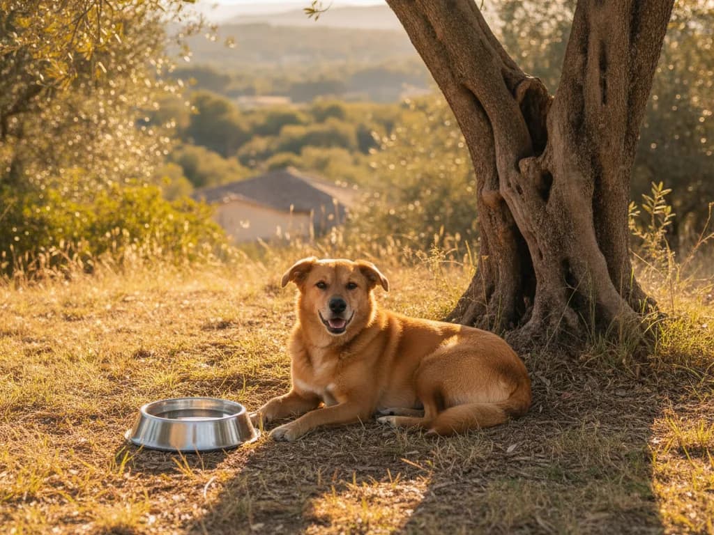 Chien à l'ombre lors d'une promenade par forte chaleur à Montpellier