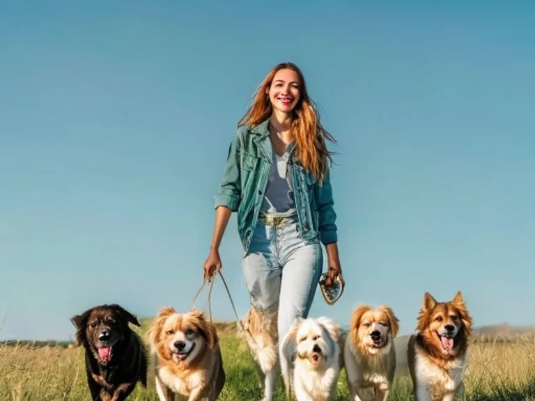 Promeneuses de chiens souriantes avec plusieurs chiens dans un champ verdoyant