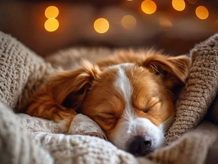 Chien endormi confortablement sur une couverture dans son nouveau foyer