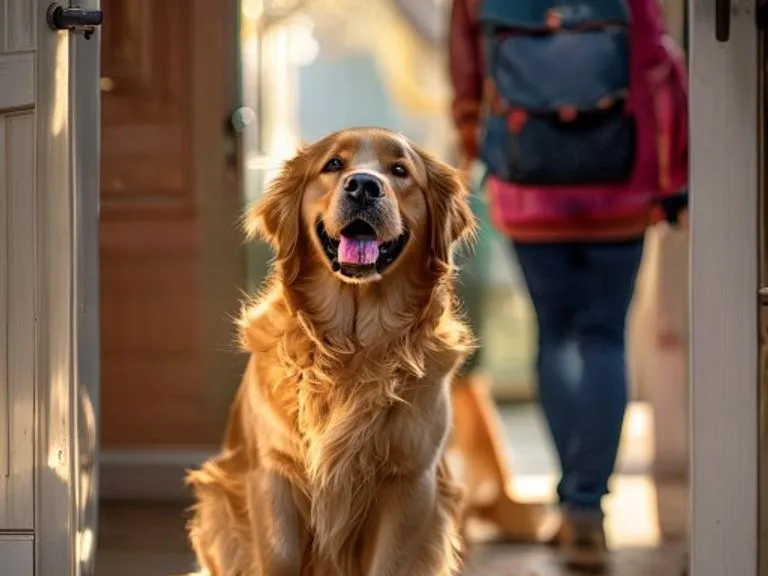 Promeneur de chien accueilli par un propriétaire à la porte de son domicile
