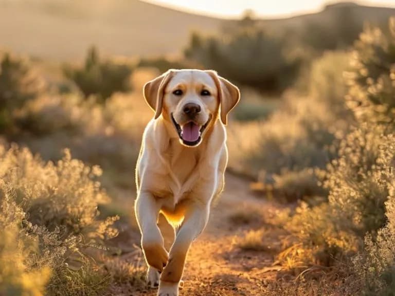 Chien courant joyeusement sur un sentier de garrigue à Montpellier
