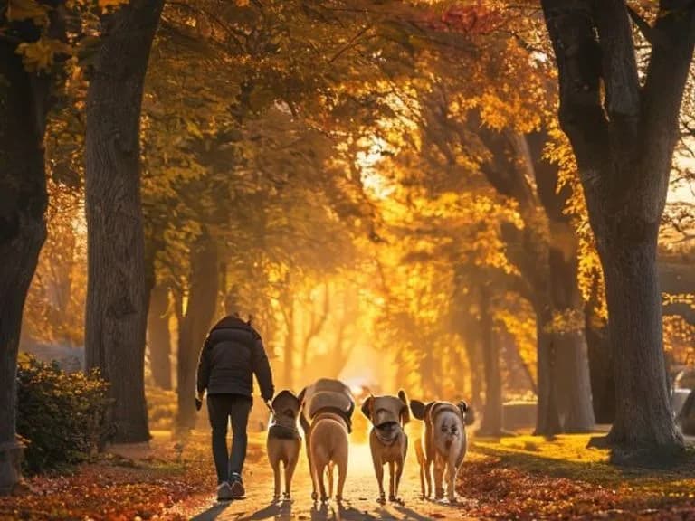 Promeneur de chiens professionnel avec trois chiens en balade au parc